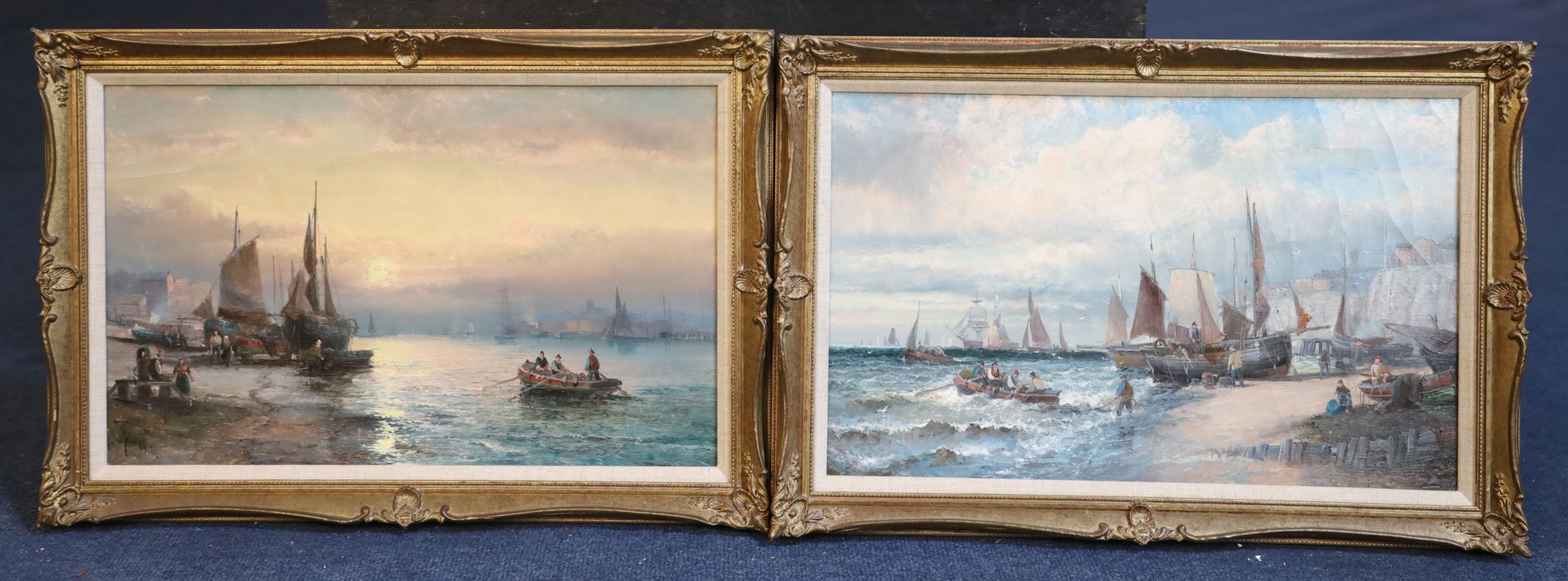 Hubert and William Thornley (fl.1858-1898) Fishing boats and fisherfolk along the shore and in harbour 9.5 x 15.25in.